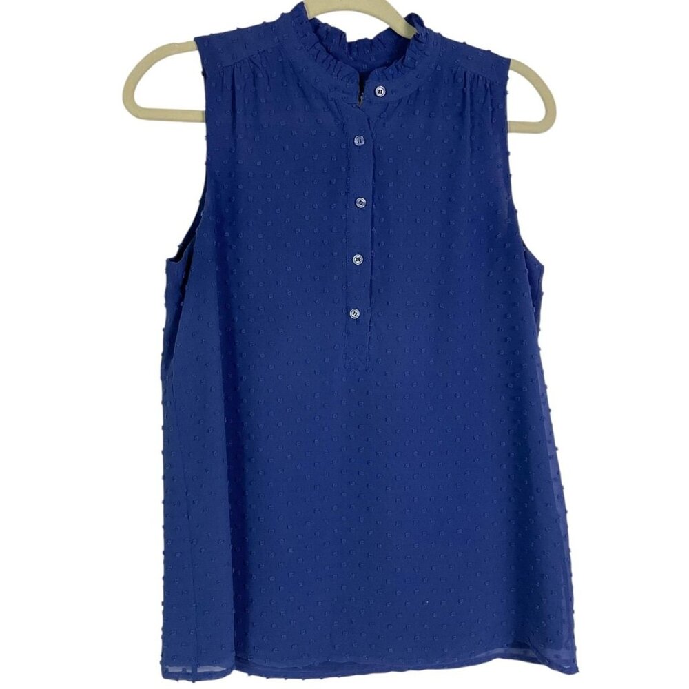 J Crew Factory Blue Swiss Dot Sleeveless Blouse Ruffle Size 4